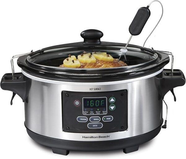 Hamilton Beach Portable 6 Quart Digital Programmable Slow Cooker Lock, Dishwasher Safe Crock & Lid, Set & Forget, Stainless Steel