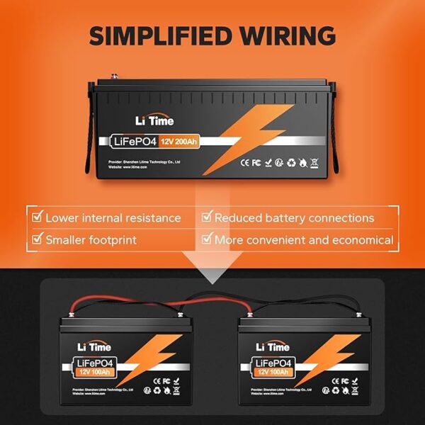 LiTime 12V 200Ah LiFePO4 Lithium Battery with 2560Wh Energy Max. 1280W Load Power Built-in 100A BMS,10 Years Lifetime 4000+ Cycles, Perfect for RV Solar Energy Storage Marine Trolling Motor - Image 6