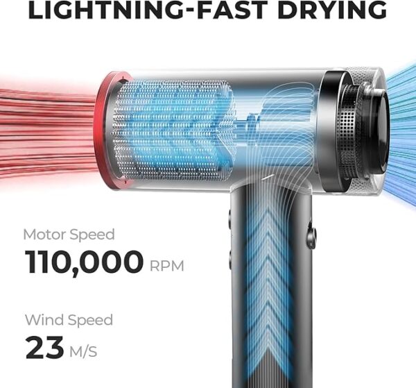 TYMO Hair Dryer with Diffuser for Curly Hair, 1500W Professional High Speed Blow Dryer with Comb, 110,000RPM Fast Dry Ionic Hair Dryer, 4 Temps & 3 Speeds, with 8 Ft Cord Metal Gray - Image 4