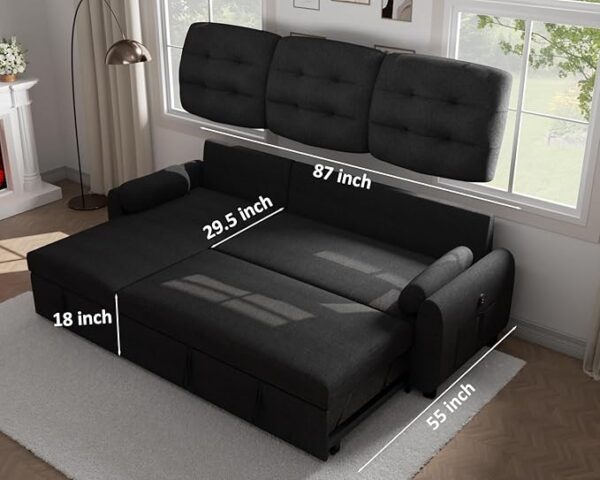 Ucloveria Sectional Sofa Couch, 87" Sleeper Sofa Bed with Reversible Storage Chaise Pull Out Couch for Living Room | Side Pocket | Charging Station | Removable Backrest | Linen Fabric, Black - Image 3