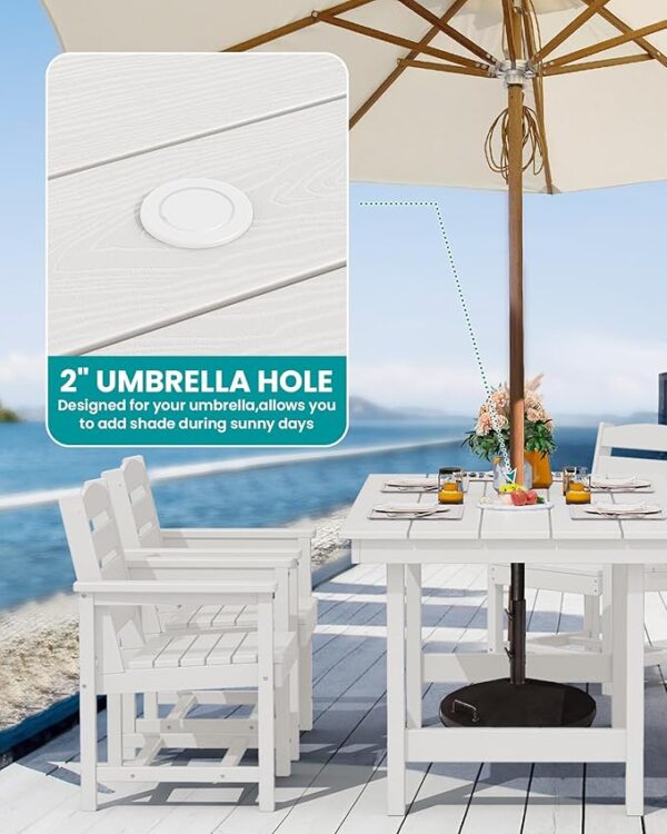 SERWALL 7-Piece Patio Dining Table Sets, Outdoor HDPE Dining Furniture Set with Umbrella Hole Cut-Out Table and 6 Chairs, White - Image 5