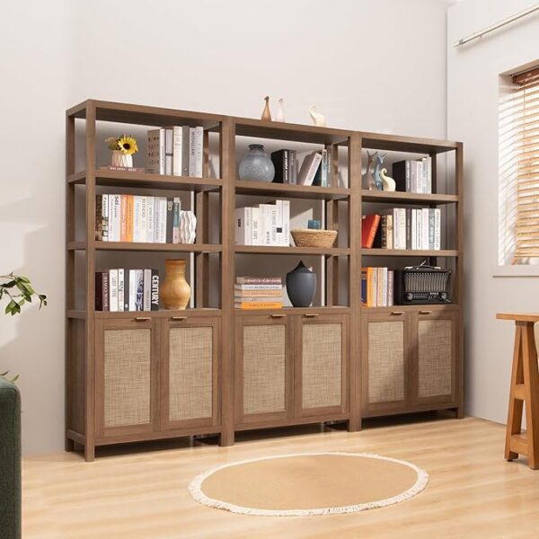 SICOTAS Bookshelf 5 Tier Book Shelf Rattan Boho Tall Bookcase with Doors Storage Wood Shelves Large Bookshelves Farmhouse Bookcases Book Case for Living Room Bedroom Home Office Kitchen (Oak 3PCS) - Image 2