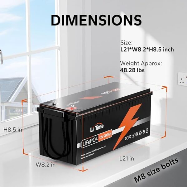 LiTime 12V 200Ah LiFePO4 Lithium Battery with 2560Wh Energy Max. 1280W Load Power Built-in 100A BMS,10 Years Lifetime 4000+ Cycles, Perfect for RV Solar Energy Storage Marine Trolling Motor - Image 5