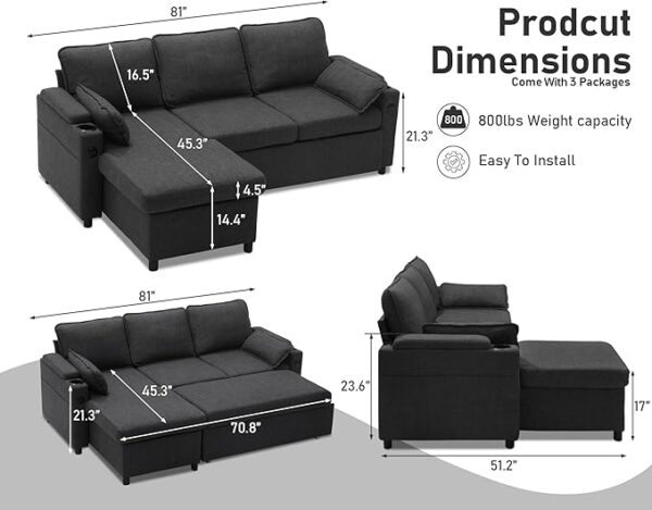 DURASPACE Sofa Bed Sleeper Pull Out 2 in 1 Sectional Sleeper Sofa Couches with Storage,USB, Cup Holder,Pullout Sectional Couches for Apartment Living Room (Dark Gray) - Image 2