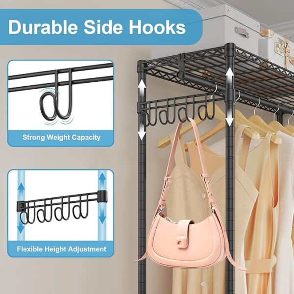 VIPEK R2 Plus Heavy Duty Rolling Garment Rack 3 Tiers Adjustable Wire Shelving Clothes Rack with Double Rods and Side Hooks, Freestanding Wardrobe Storage Rack Metal Clothing Rack, Black - Image 4