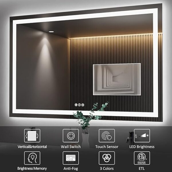Amorho LED Bathroom Mirror 55''x 36'' with Front and Backlight, Large Dimmable Wall Mirrors with Anti-Fog, Shatter-Proof, Memory, 3 Colors, Double LED Vanity Mirror - Image 6