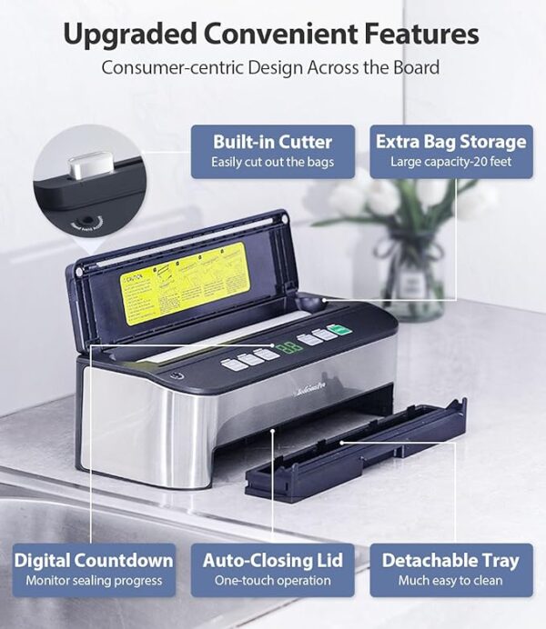 Vacuum Sealer Machine, Beelicious 85KPA Fully Automatic 8-IN-1 Food Sealer with Bags Storage, Build-in Cutter, Moist Mode and Air Suction Hose | Digital Countdown | Sous Vide - Image 5