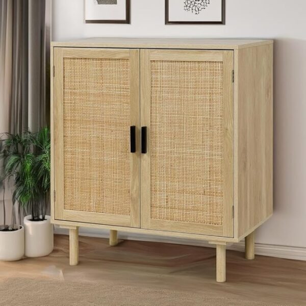 Finnhomy Sideboard Buffet Kitchen Storage Cabinet with Rattan Decorated Doors, Dining Room, Hallway, Cupboard Console Table, Liquor / Accent Cabinet, 31.5X 15.8X 34.6 Inches, Natural - Image 4