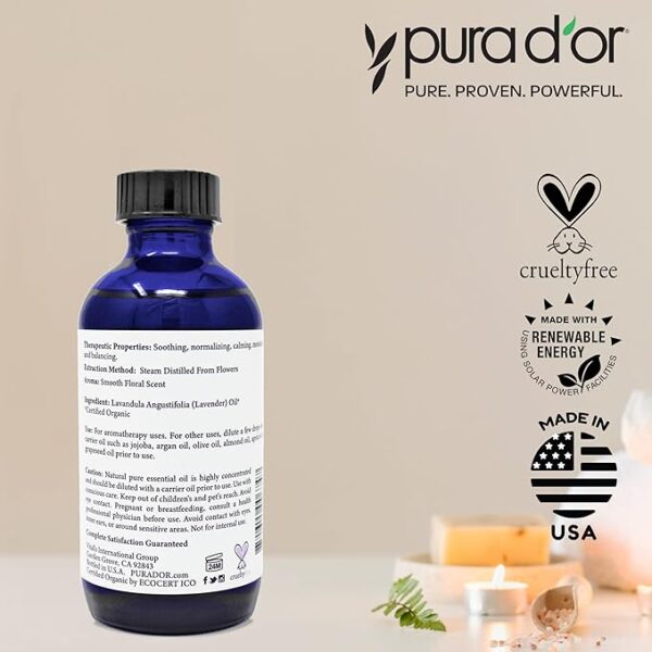 PURA D'OR Organic Lavender Essential Oil (4oz with Glass Dropper) 100% Pure & Natural Therapeutic Grade for Hair, Body, Skin, Aromatherapy Diffuser, Relaxation, Meditation, Massage, Home, DIY Soap - Image 4