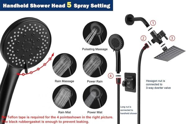 NearMoon Filtered Rain Shower Head, High Pressure 8″Square, and 5 settings Handheld Shower Filter Combo with Self-adhesive Holder/1.5M Hose -1 Replaceable Filter Cartridge (Matte Black) - Image 3