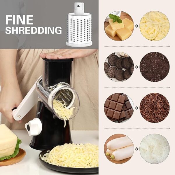Cambom Rotary Cheese Grater Hand Crank Cheese Shredder for Fresh Cheese, Vegetable, Nuts,Non-slip Suction Base, Free Cleaning Brush Three Blades, Black - Image 4