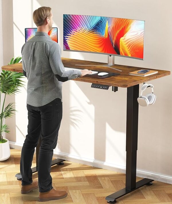 Veken Standing Desk Electric 47.2 Inch, Height Adjustable Sit Stand Up, Cable Clip, Wood Desktop, Work Home Office Computer PC Table, Writing Study Rising Desks, Brown