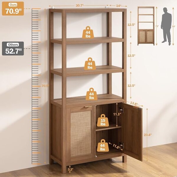 SICOTAS Bookshelf 5 Tier Book Shelf Rattan Boho Tall Bookcase with Doors Storage Wood Shelves Large Bookshelves Farmhouse Bookcases Book Case for Living Room Bedroom Home Office Kitchen (Oak 3PCS) - Image 3