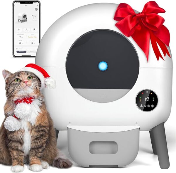 Self Cleaning Litter Box, Automatic Cat Litter Box with APP Control, Multi-Cat Compatible,1 Roll of Garbage Bags and Mat,white2.0X