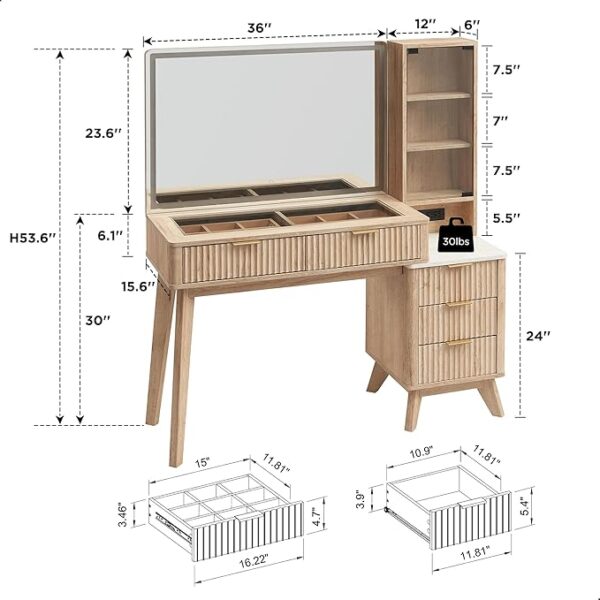 T4TREAM 48" Fluted Makeup Vanity Desk with Large 36" Mirror and Lights, Modern Glass Top Big Vanity Table with 5 Drawers & Adjustable Shelves, Dressing Table Set w/Charging Station for Bedroom, Oak - Image 2