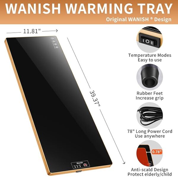 Extra Long 40”x12” - Electric Warming Tray，Home & Commercial Food Warmer with Thermostat and Full Surface Heating，Food Warming Mat for Parties Buffet，Gatherings，Gold Edge Handles Warming Mat for Food - Image 7