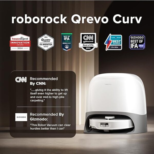 roborock Qrevo Curv Robot Vacuum and Mop, 18,500Pa Suction, Zero-Tangling, DuoDivide Main Brush, FlexiArm Arc Side Brush, FlexiArm Mop, AdaptiLift Chassis, Auto Mop Washing & Drying, Self-Emptying - Image 4