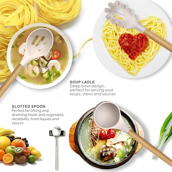 Silicone Cooking Utensils Set - 446°F Heat Resistant Silicone Kitchen Utensils for Cooking,Kitchen Utensil Spatula Set w Wooden Handles and Holder, BPA FREE Gadgets for Non-Stick Cookware (Khaki) - Image 4