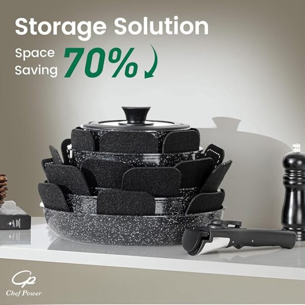 Ceramic Nonstick Cookware Set 19 Piece with Detachable Handle, Induction Dishwasher Oven Safe Pans and Pots Set, RV Kitchen Set Removable Handle, Rock Stone Black - Image 5