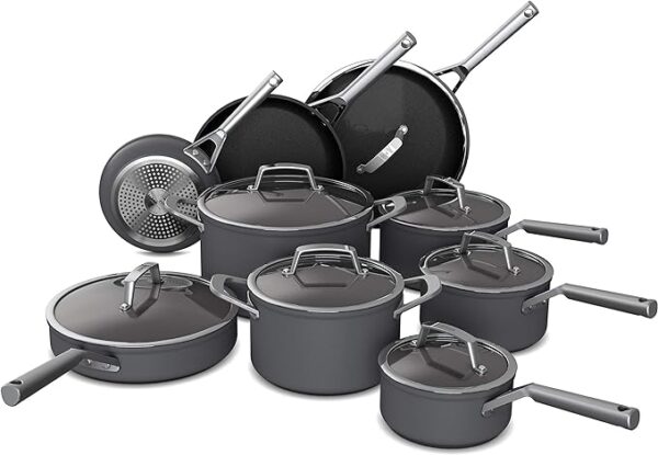 Ninja Cookware, Ninja NeverStick Premium, 16-Piece Pots and Pans Set, Non Stick Frying Pans, Kitchen Essentials, Stock Pot, Sauce Pan, Glass Lids, Saute Pan, All Stovetops, Black, C39900