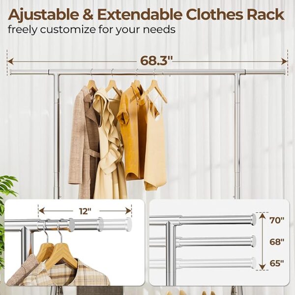 Heavy Duty Clothes Rack Load 450 LBS, Metal Garment Rack, Standing Rolling Clothing Rack for Hanging Clothes with Sturdy Wheels & Shelves, Portable Closet Wardrobe Rack,Sliver - Image 5