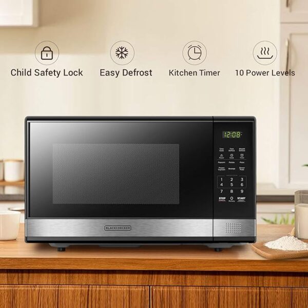 BLACK+DECKER EM031MB11 Digital Microwave Oven with Turntable Push-Button Door, Child Safety Lock, 1000W, 1.1cu.ft, Black & Stainless Steel, 1.1 Cu.ft - Image 3