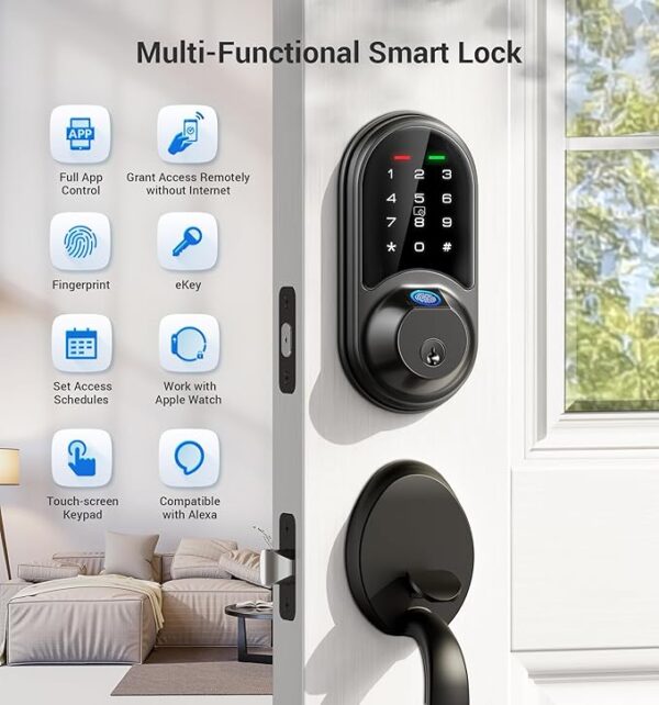 Veise Smart Lock, Fingerprint Door Lock, 7-in-1 Keyless Entry Door Lock with App Control, Electronic Touchscreen Keypad, Smart Deadbolt, Biometric Smart Locks for Front Door, Matte Black - Image 4