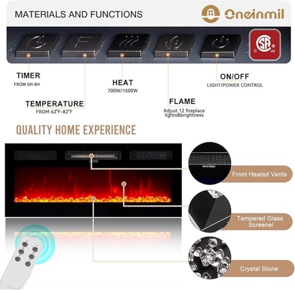 oneinmil 70" Modern Electric Fireplace TV Stand for TVs Up to 80 inch, with Electronic Flame and LED Lights, Luxury High Gloss Finish Entertainment Center, TV Console Cabinet for Living Room, Black - Image 6