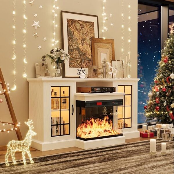 oneinmil 59'' Fireplace TV Stand, 3 Sided Glass Media Entertainment Center Console Table for TVs up to 65'' with Glass Door Adjustable Flame LED Color for Living Room, Set of TV Table, White - Image 5
