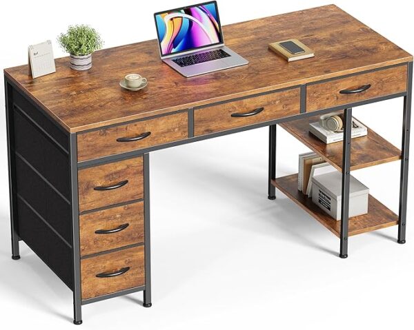Huuger Computer Desk with 6 Drawers, 47 Inch Office Desk with Shelves, Reversible Gaming Desk, Corner Desk with Storage, Work Desk for Home Office, Study, Living Room, Rustic Brown