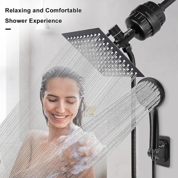 NearMoon Filtered Rain Shower Head, High Pressure 8″Square, and 5 settings Handheld Shower Filter Combo with Self-adhesive Holder/1.5M Hose -1 Replaceable Filter Cartridge (Matte Black) - Image 2