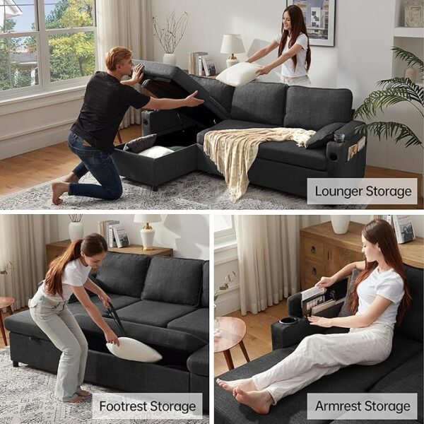 DURASPACE Sofa Bed, Sleeper Sofa Couch with Pullout Bed for Living Room, L Shaped Couch with Storage Chaise, USB, Cup Holder (Dark Gray) - Image 5