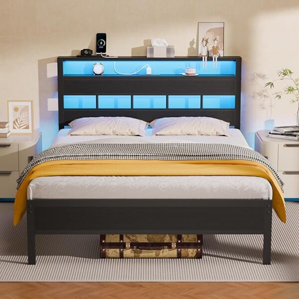 Furnulem Full Size Bed Frame with LED Light and Charging Station, Wood Storage Headboard with 2-Tier Shelves, Metal Platform Bed with Heavy Duty Slats Support, No Box Spring Needed, Black Oak