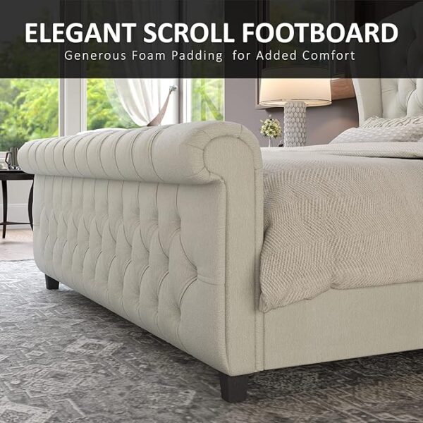 AMERLIFE King Size Platform Bed Frame, Chenille Upholstered Sleigh Bed with Scroll Wingback Headboard & Footboard/Button Tufted/No Box Spring Required/Cream - Image 6