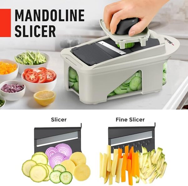 Mueller Pro-Series All-in-One, 12 Blade Mandoline Slicer for Kitchen, Food Chopper, Vegetable Slicer and Spiralizer, Cutter, Dicer, Grater, Kitchen Gadgets Sets with Container, White Sand/Gray - Image 3