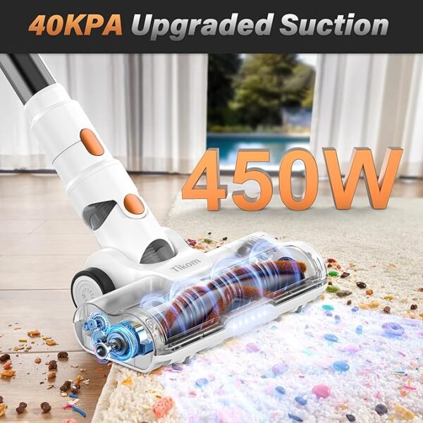 Tikom V500 Cordless Vacuum Cleaner for Home, 40000Pa/450W Stick Vacuum with LED Touch Screen, Charging Wall Dock, Anti-Tangle, Lightweight Handheld Vacuum for Pet Hair, Hard Floor, Carpet - Image 2