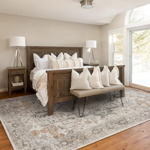 GENIMO 8x10 Area Rugs for Living Room, Machine Washable Non Slip Vintage Retro Rugs, Low Pile Lightweight Chenille Print Rug for Bedroom, Dining Room, Home Office, Light Taupe Brown - Image 2