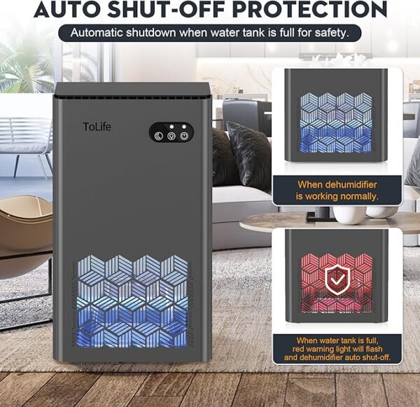 ToLife Dehumidifier, 95 OZ Water Tank, 1000 sq.ft Dehumidifiers for Home Bedroom Basement Bathroom with Auto Shut Off, 7 Colors LED Light,Grey - Image 2