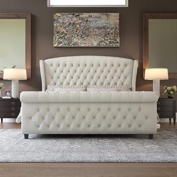 AMERLIFE King Size Platform Bed Frame, Chenille Upholstered Sleigh Bed with Scroll Wingback Headboard & Footboard/Button Tufted/No Box Spring Required/Cream - Image 5