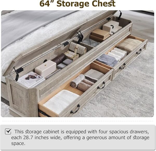 T4TREAM Farmhouse Queen Bed with Headboard and Storage Bench, Rustic Wood Platform Bed with 64" Storage Chest w/ 4 Large Storage Drawer, Light Rustic Oak - Image 3