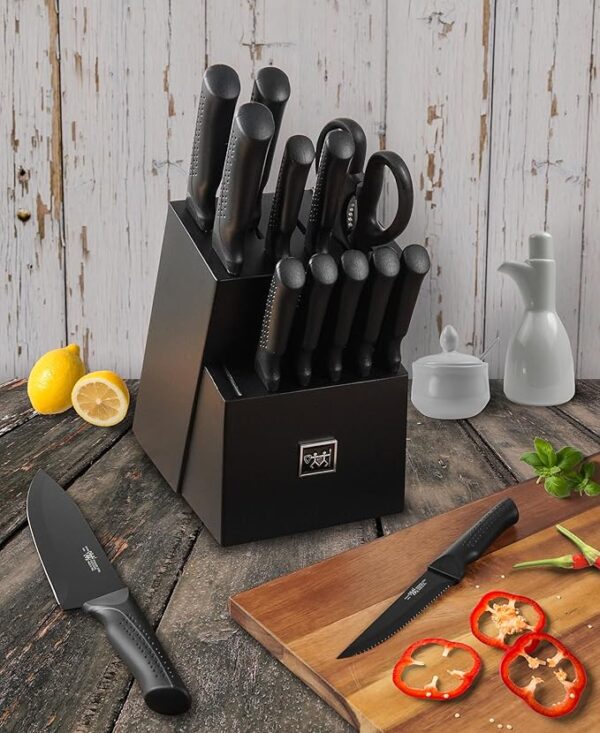 Knife Set, 15 Pcs Kitchen Knife Set with Block Self Sharpening, Dishwasher Safe, 6 Steak Knives, Anti-slip handle, Black - Image 3