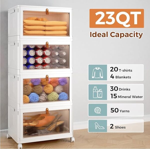 4 Tier Stackable Plastic Storage Bins with Lid and Wheels - 23 QT Closet Organizers and Storage, Foldable Storage Containers, Organization and Storage Boxes for Craft, Home, Pantry, Office, Dorm - Image 2