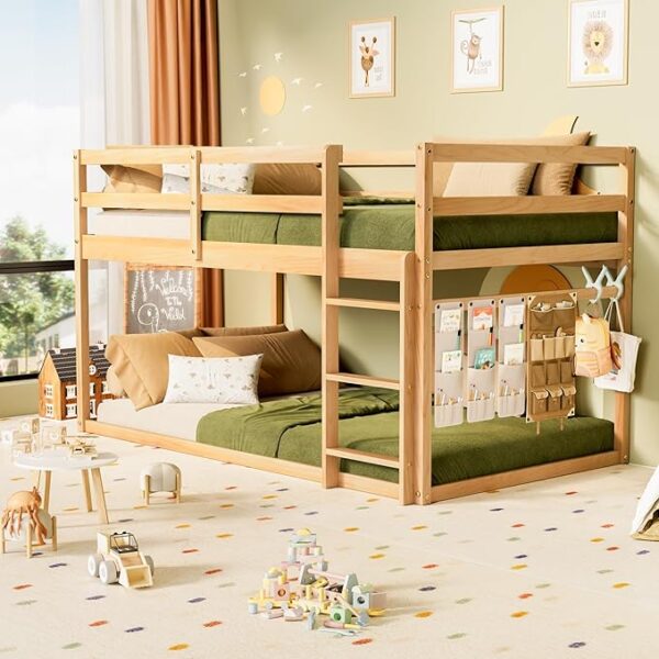 Low Bunk Bed Twin Over Twin, Floor Bunk Bed with Ladder, Twin Bunk Bed with Full Guardrails, Wooden Bunk Bed for Juniors, Boys, Girls, Kids, Bedrooms (Natural)