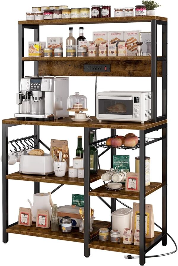 SUPERJARE Bakers Rack with Power Outlet, 35.4 Inches Coffee Bar with Wire Basket, Kitchen Microwave Stand with 6 S-Shaped Hooks, Open Storage Shelves, Rustic Brown
