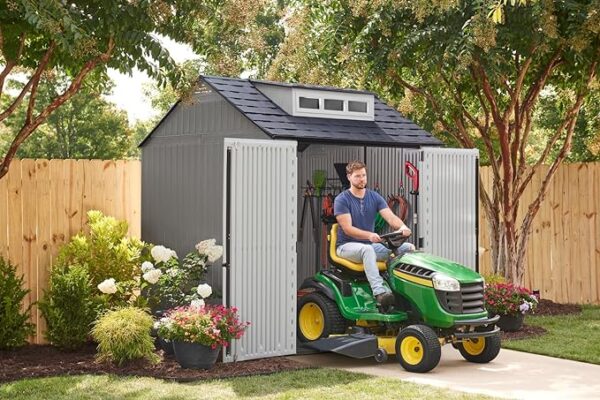 Rubbermaid Resin Outdoor Storage Shed With Floor (7 x 7 Ft), Weather Resistant, Gray, Organization for Home/Backyard/Garden Tools/Lawn Mower/Bike Storage/Pool Supplies - Image 5