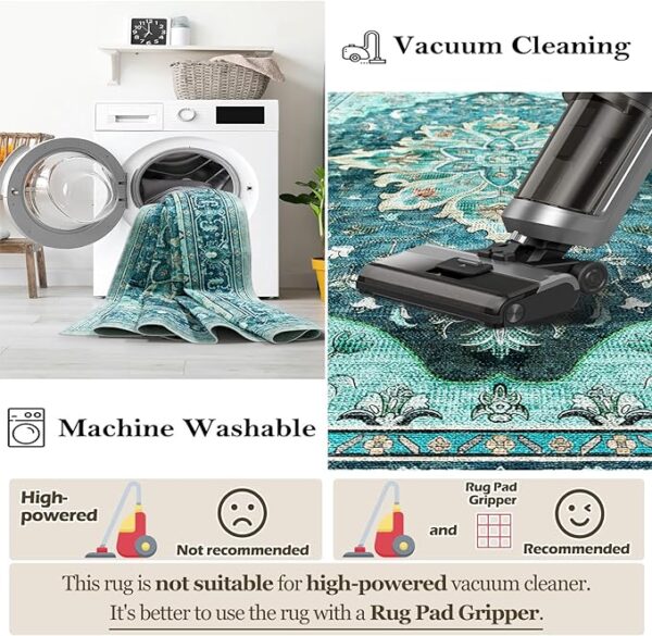 Area Rugs 8'x10' Washable Non-Slip, Floral Vintage Distress Print Pattern Medallion Carpet for Living Room Bedroom Dining Room, Teal Green Lake Blue - Image 3