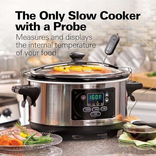 Hamilton Beach Portable 6 Quart Digital Programmable Slow Cooker Lock, Dishwasher Safe Crock & Lid, Set & Forget, Stainless Steel - Image 2