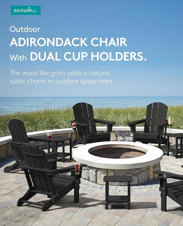 SERWALL HDPE Folding Adirondack Chair with Dual Cup Holder - Composite Adirondack Chair Set of 2- Black - Image 5