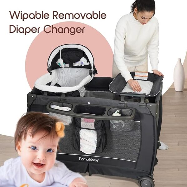 Pamo Babe Deluxe Nursery Center Portable Playpen Foldable Playard for Baby and Toddler Mattress, Changing Table for Newborn(Black) - Image 5