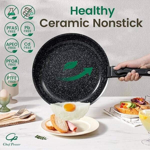 Ceramic Nonstick Cookware Set 19 Piece with Detachable Handle, Induction Dishwasher Oven Safe Pans and Pots Set, RV Kitchen Set Removable Handle, Rock Stone Black - Image 4